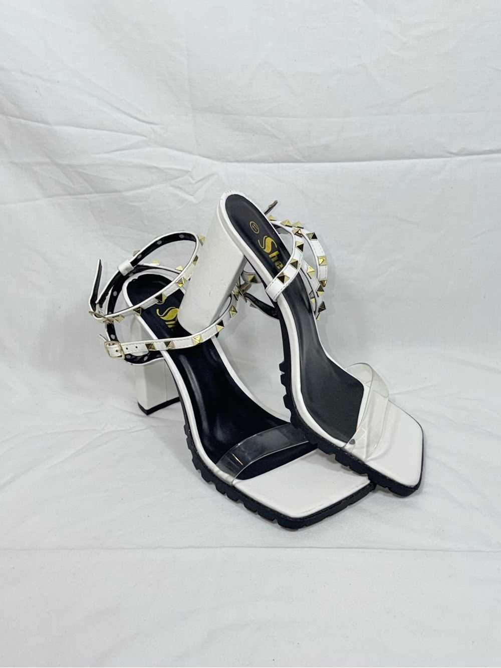 SHEIN Women 11 White Clear Studded Caged Block Heels Y2K Party Sandals